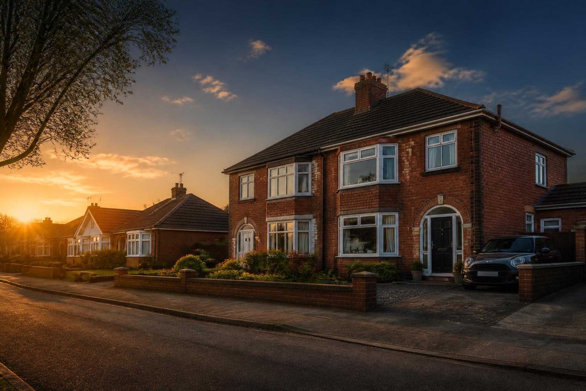 British suburban street of brick semi-detached houses at dusk
